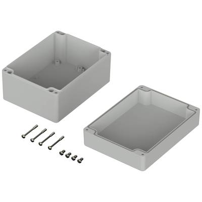 Housing assembly kit with eight screws, consisting of a square, light grey housing base and a matching lid.