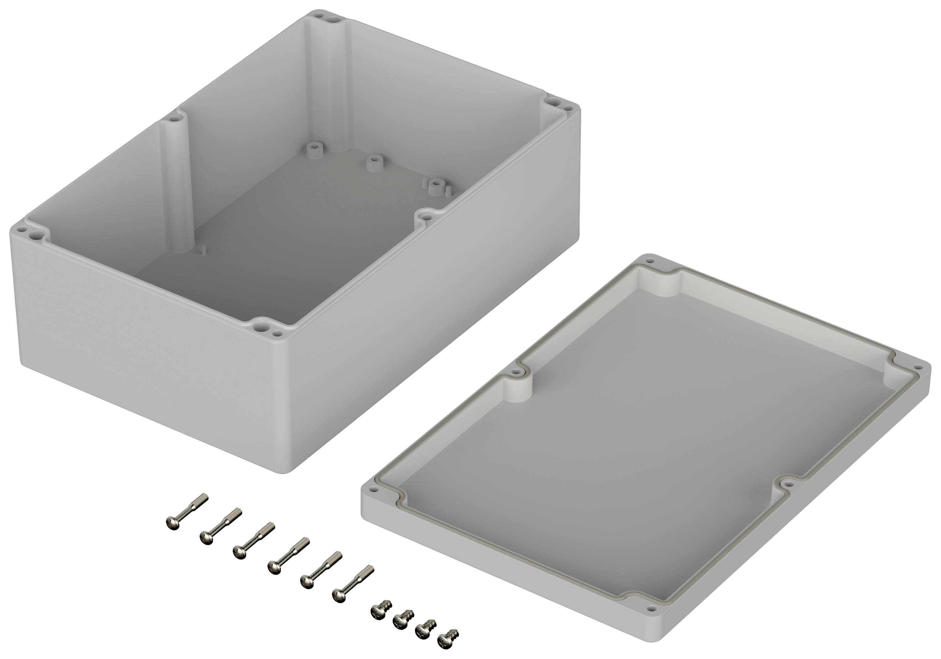 Grey-white plastic housing with a separate lid and ten screws, ready for mounting.