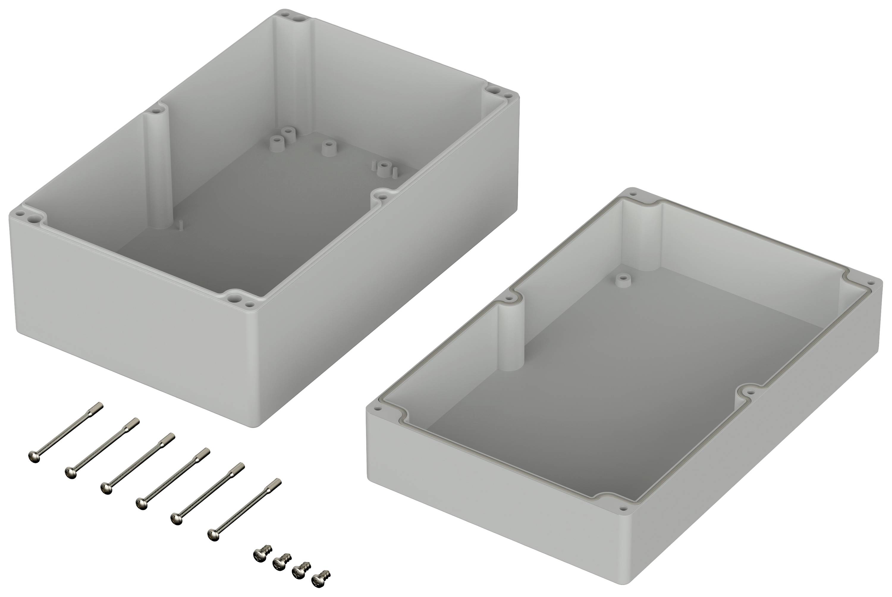 Plastic electronic enclosure, two-piece, with six screws. Ideal for protecting electronic components.