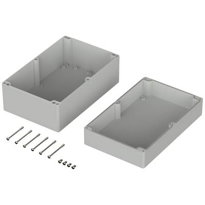 Plastic electronic enclosure, two-piece, with six screws. Ideal for protecting electronic components.
