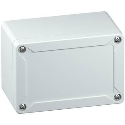 A rectangular grey enclosure with screws at the corners, likely for electrical or electronic components.