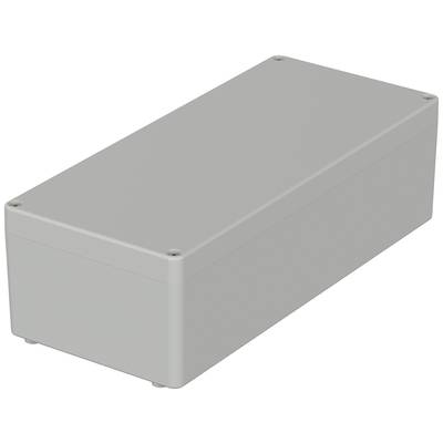 Grey, rectangular enclosure with screws at the corners. It appears robust and could be used for storing electronics.