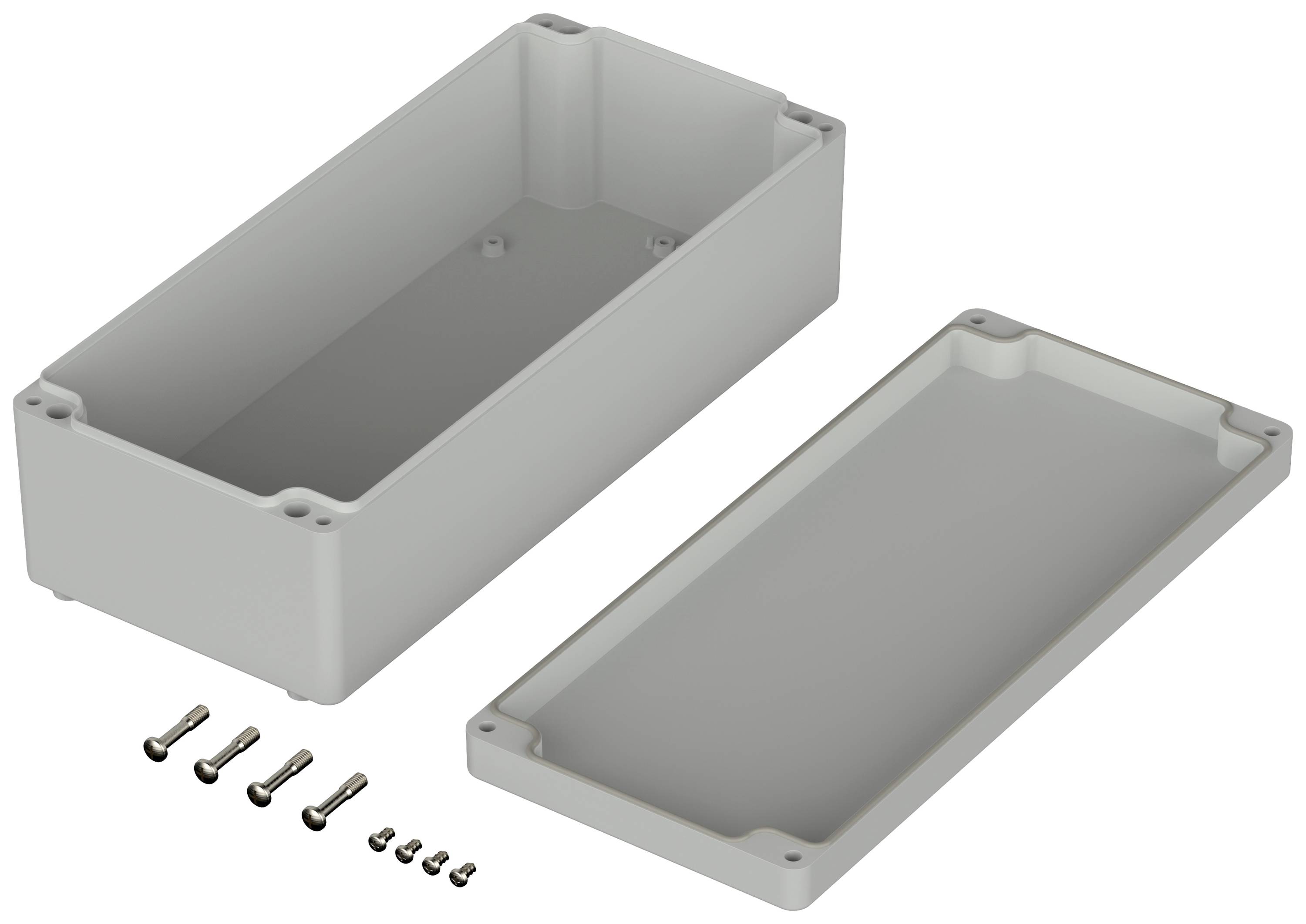 Plastic housing components with a removable lid alongside six screws on a white background.