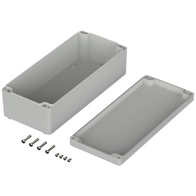 Plastic housing components with a removable lid alongside six screws on a white background.