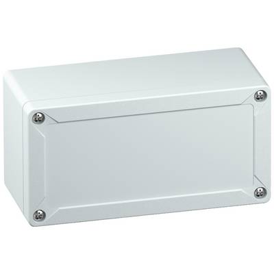 A rectangular, silver-coloured metal enclosure with rounded corners, secured by four visible screws at the corners.