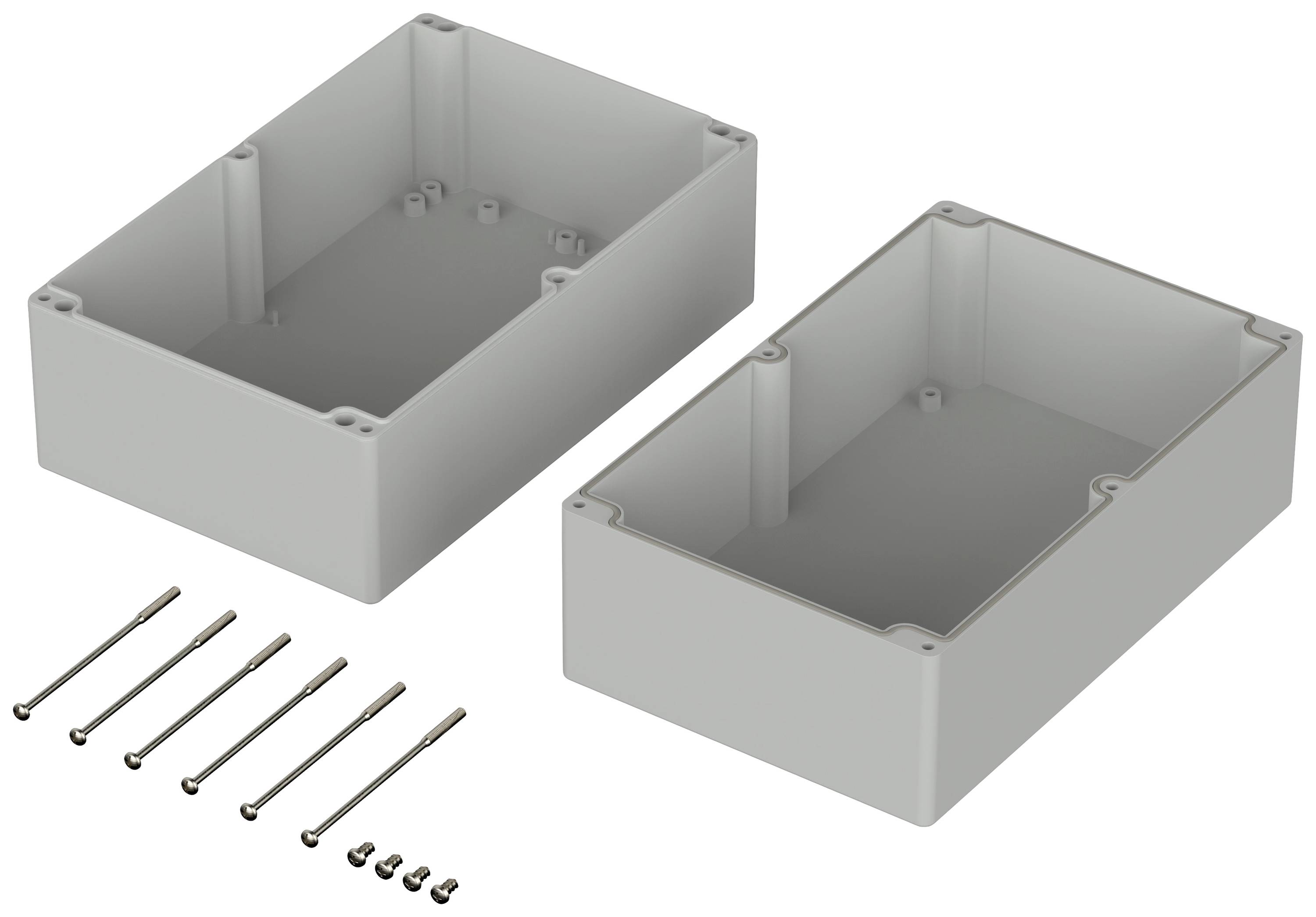Two grey plastic enclosures, opened and empty, with eight screws of various sizes underneath, on a white background.