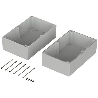 Two grey plastic enclosures, opened and empty, with eight screws of various sizes underneath, on a white background.