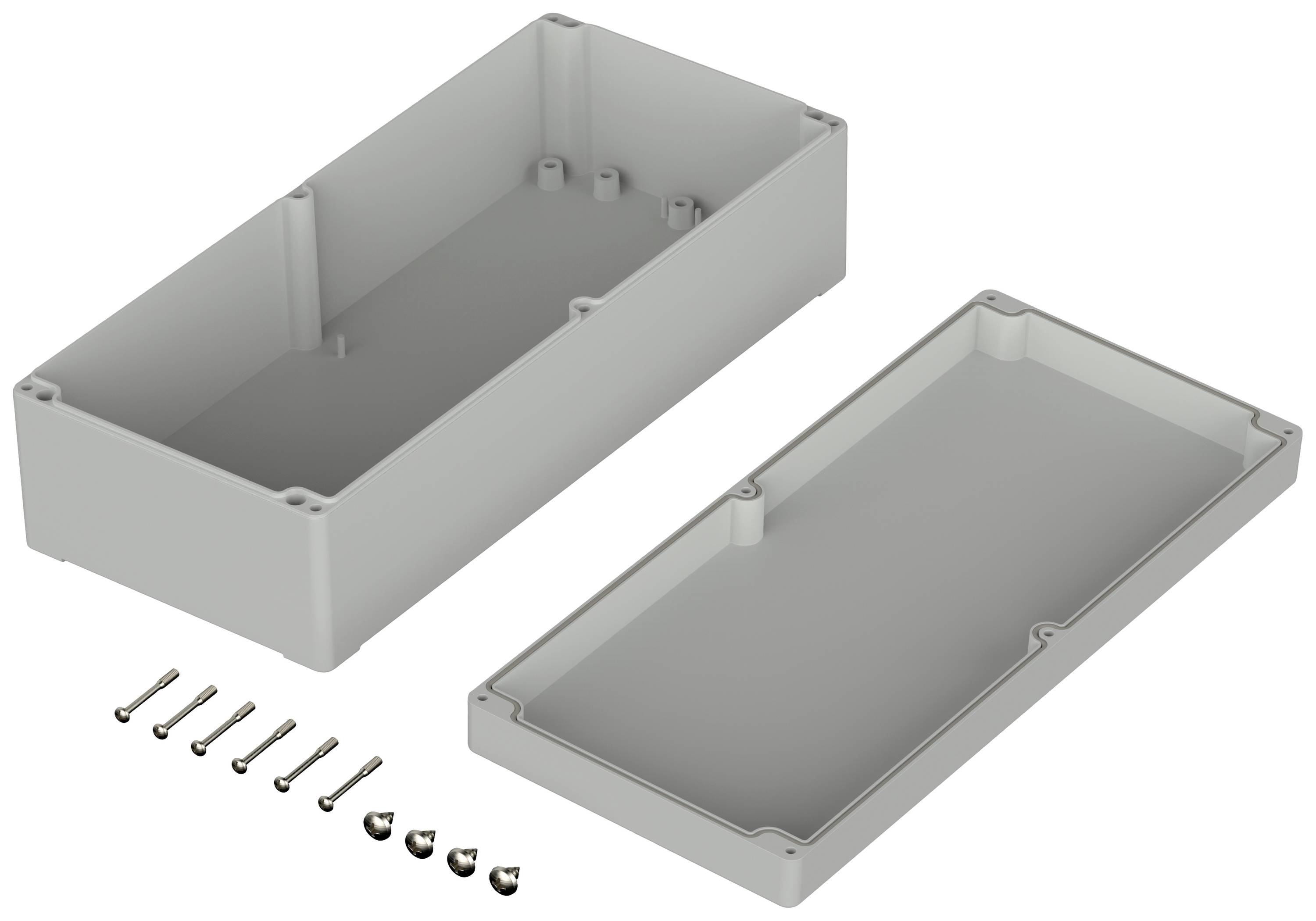 Grey-white rectangular plastic housing halves, lying side by side. Screws for fastening are visible underneath.