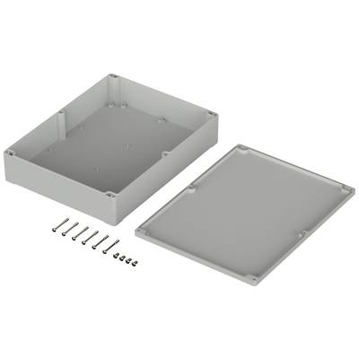 Grey rectangular housing with its lid removed, alongside a row of seven screws.