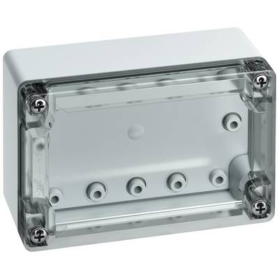 Electrical distribution box with a transparent lid, multiple mounting screws, and cable entry points at the rear.
