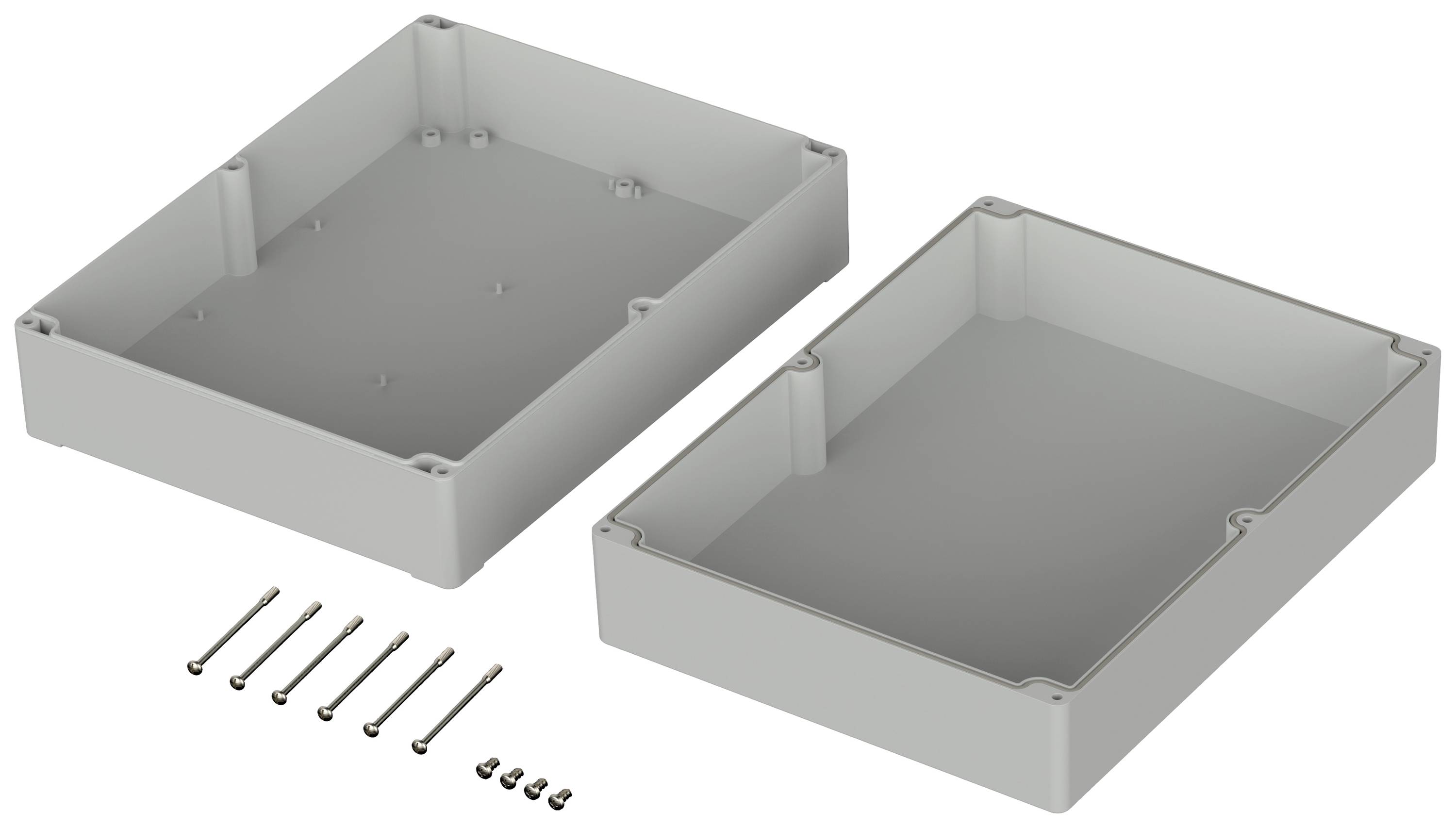 Housing made of grey plastic with a removable cover, shown in two parts. Fixing screws are placed beside it.