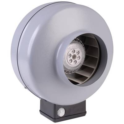 Grey radial fan with visible rotor, mounted on a black base. Designed for industrial ventilation systems.