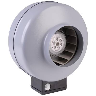 Grey, circular fan with an open side and visible rotor blades, mounted on a black base.
