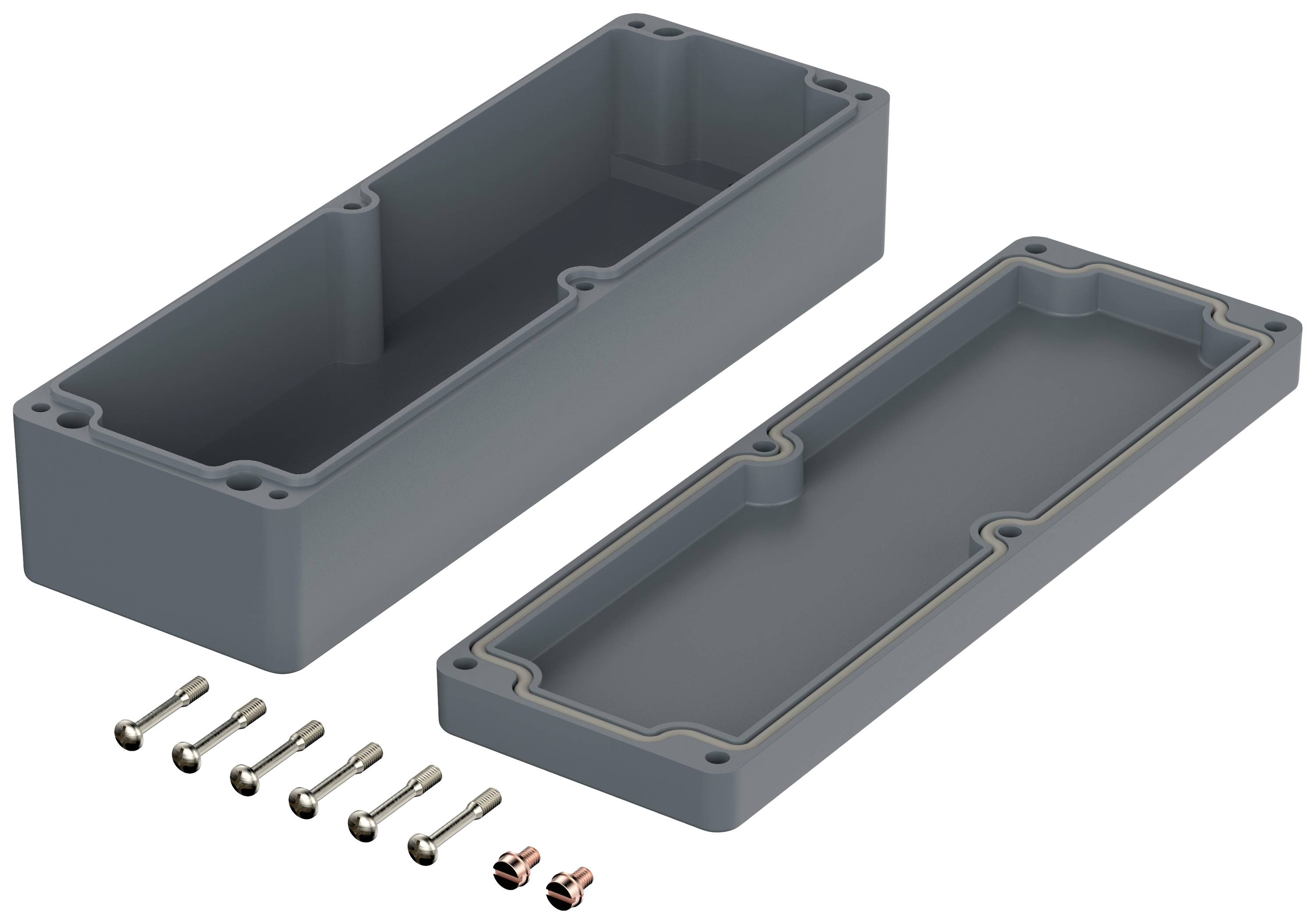 Grey rectangular housing with a removable cover, with screws for securing the housing visible on the left side.