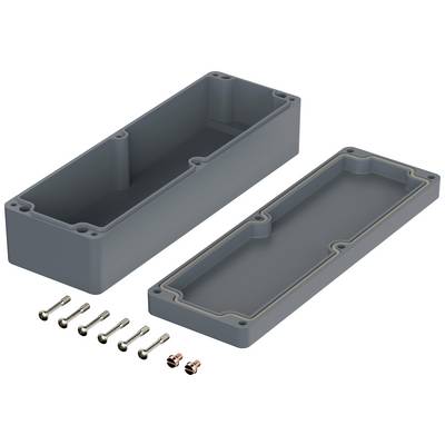 Grey rectangular housing with a removable cover, with screws for securing the housing visible on the left side.