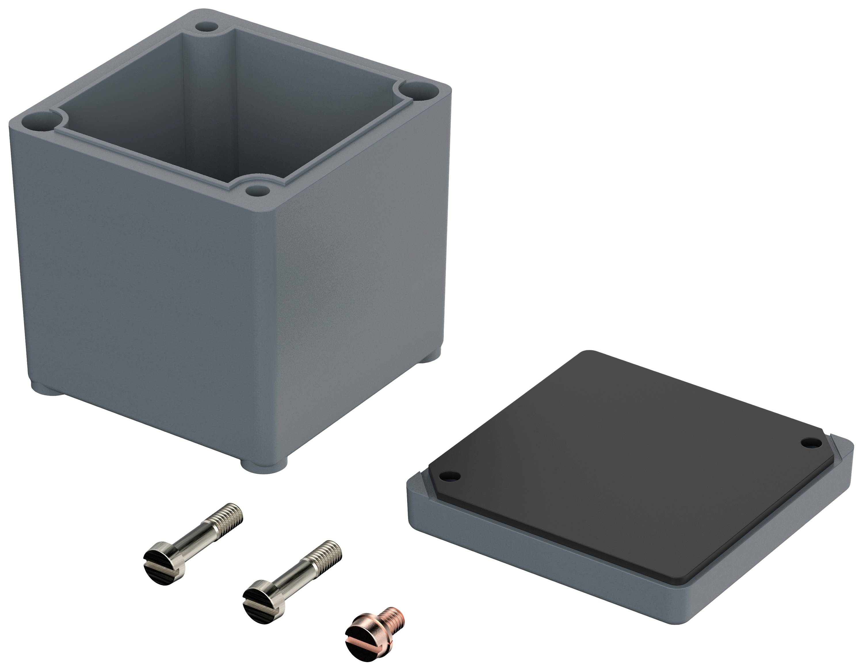 A grey, square enclosure with a removable black cover. Next to it lie two silver screws and a copper-coloured nut.