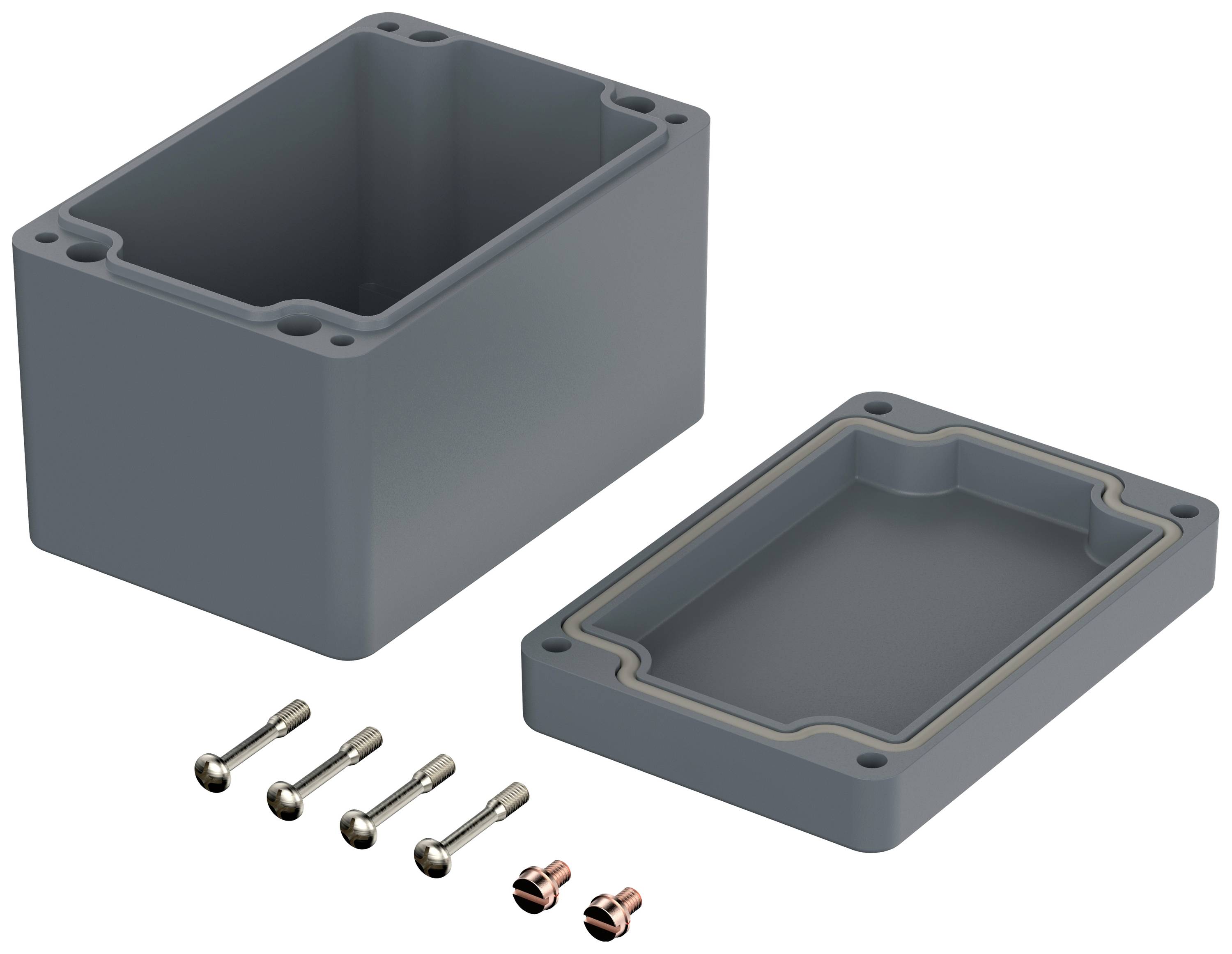 Grey, rectangular plastic housing with a removable lid lying beside it. Four screws and two nuts are visible.