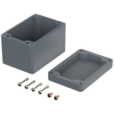 Grey, rectangular plastic housing with a removable lid lying beside it. Four screws and two nuts are visible.