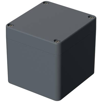 Dark grey rectangular enclosure with rounded edges and screws at the corners, potentially for electronic components.