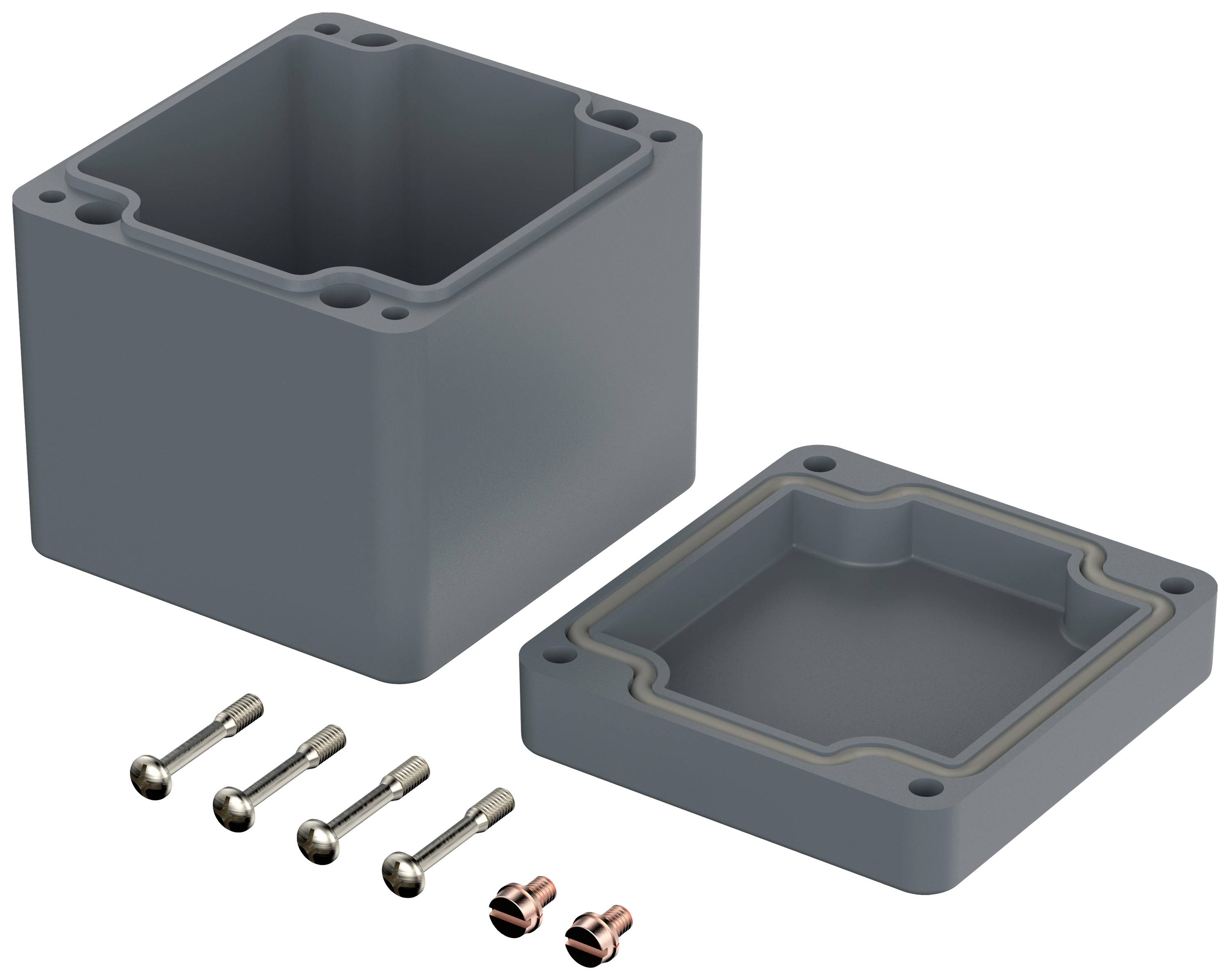 Grey divided: Rectangular enclosure with removable lid, four screws, and two mounting brackets.