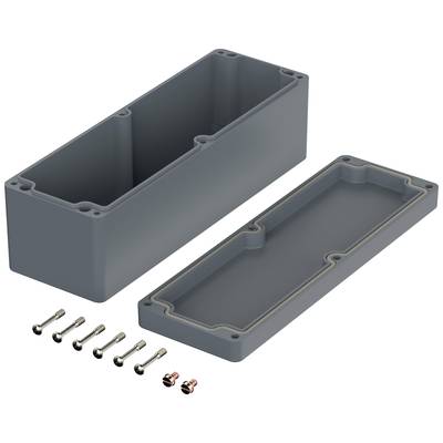 Grey rectangular enclosure with removed lid and eight screws, showing interior and mounting hardware.