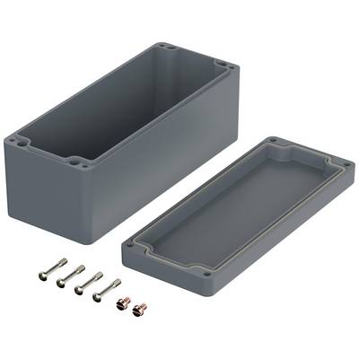 Grey plastic enclosure with removable lid, four screws and sealing frame. Suitable for electronic components.