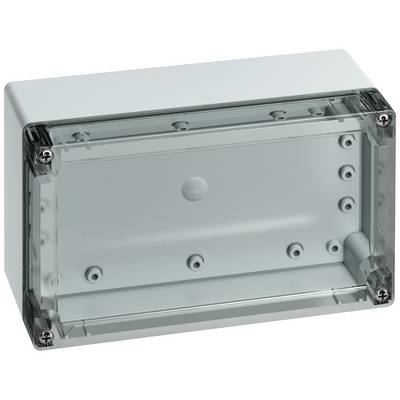 Rectangular grey connection box with clear lid, suitable for electrical installations, with four visible screw mounting points.