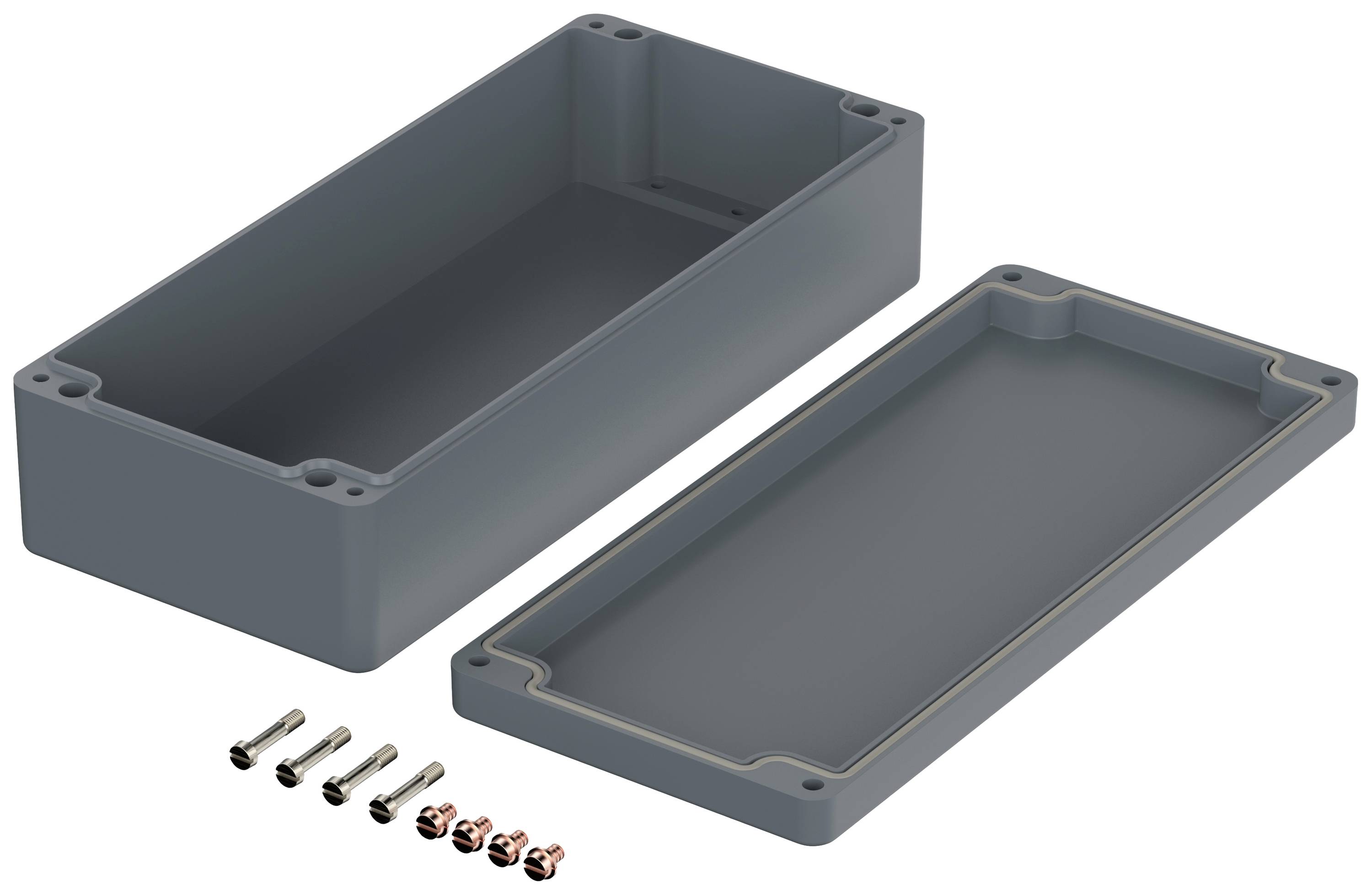 A grey, rectangular plastic housing box with a removable lid. Six screws alongside for securing.