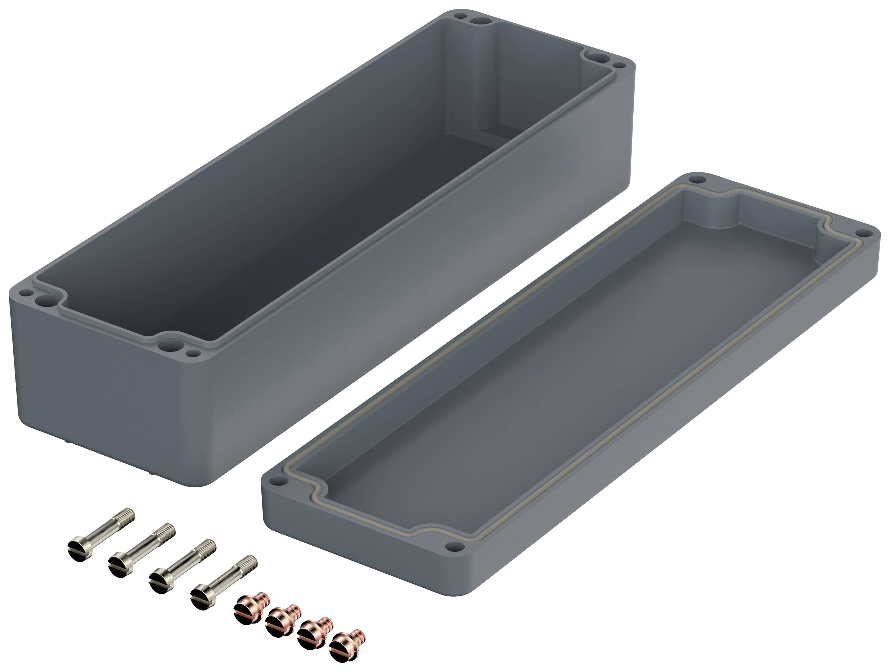Grey plastic casing, opened in two parts. Six screws and six nuts are placed beside it. Suitable for electronic components.