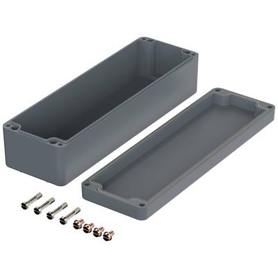 Grey plastic casing, opened in two parts. Six screws and six nuts are placed beside it. Suitable for electronic components.