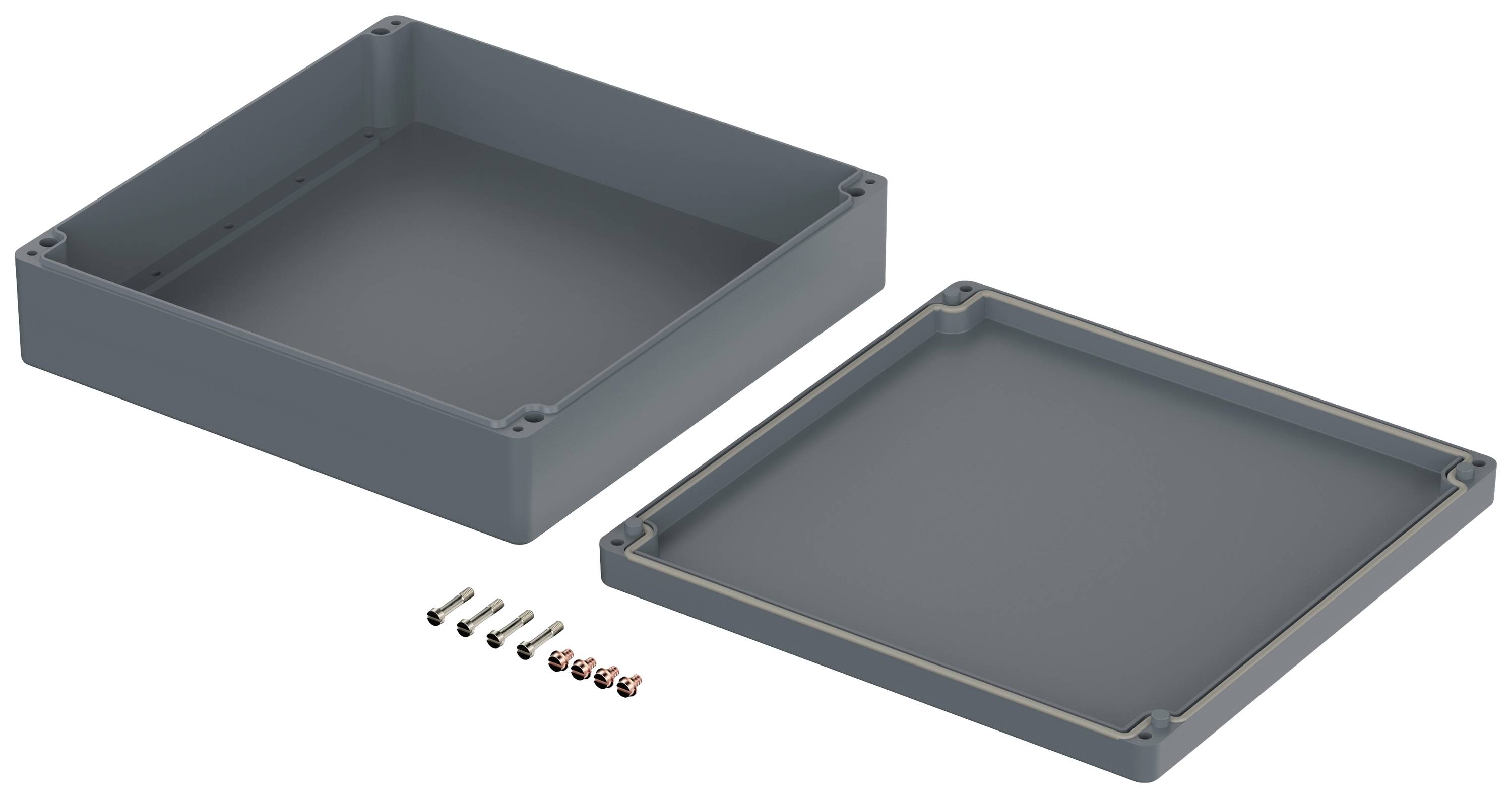 Housing in two parts made of grey material, with a row of screws for assembly beside it.