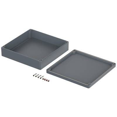 Housing in two parts made of grey material, with a row of screws for assembly beside it.