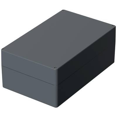 A rectangular, black enclosure with a smooth surface and rounded edges, secured with screws at the corners.