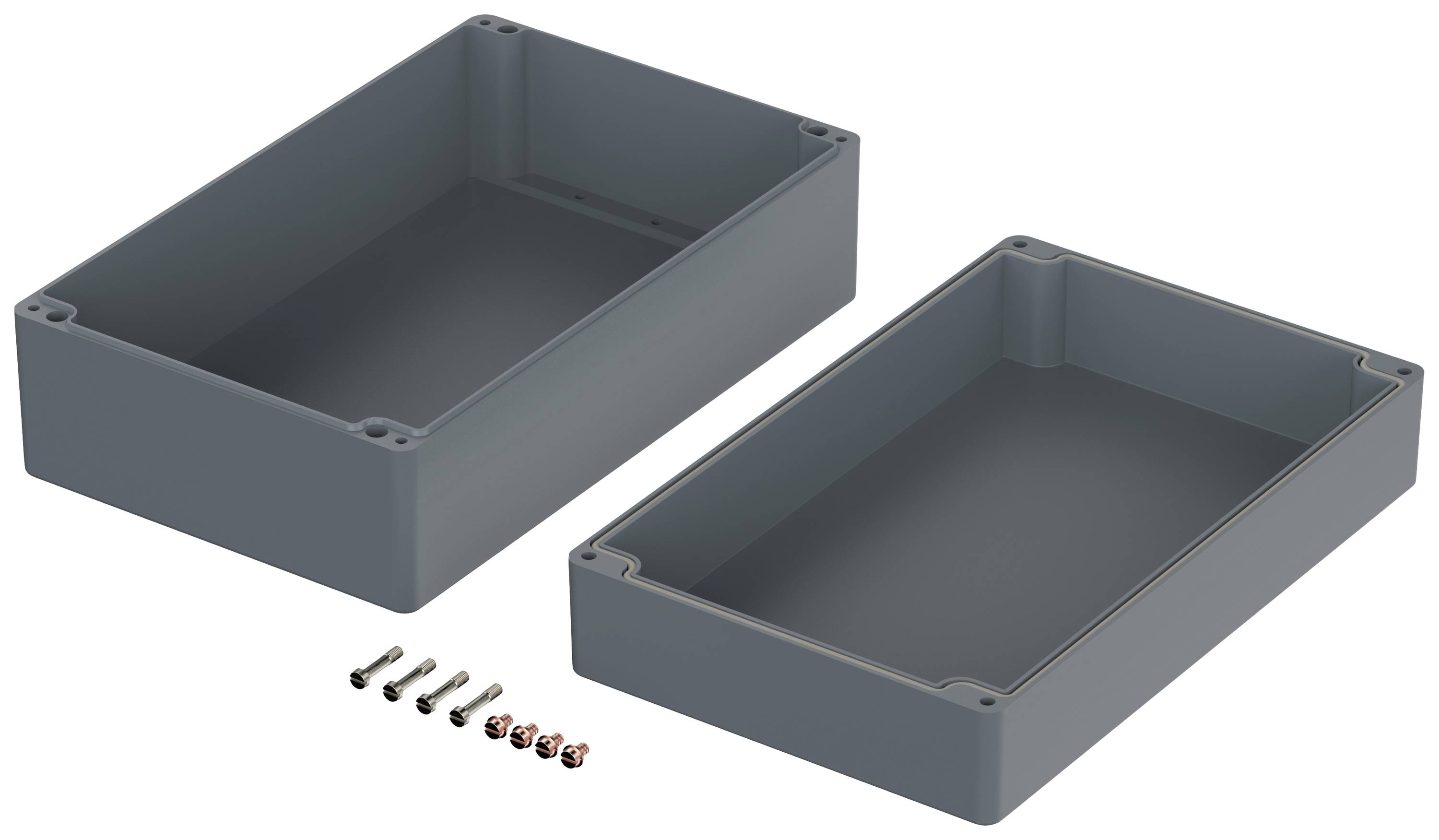 Two grey rectangular enclosures with a smooth surface; screws for mounting are placed alongside. Suitable for electronic components.