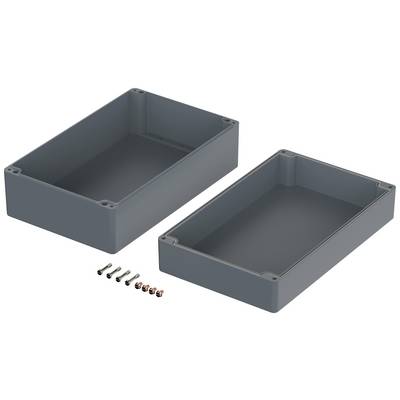 Two grey rectangular enclosures with a smooth surface; screws for mounting are placed alongside. Suitable for electronic components.
