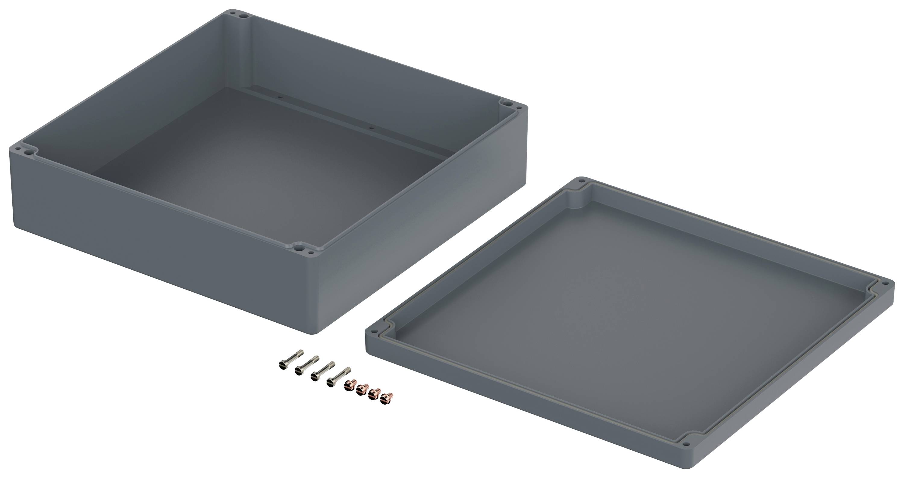 Plastic enclosure with a removable lid and four screws, suitable for electronic devices.