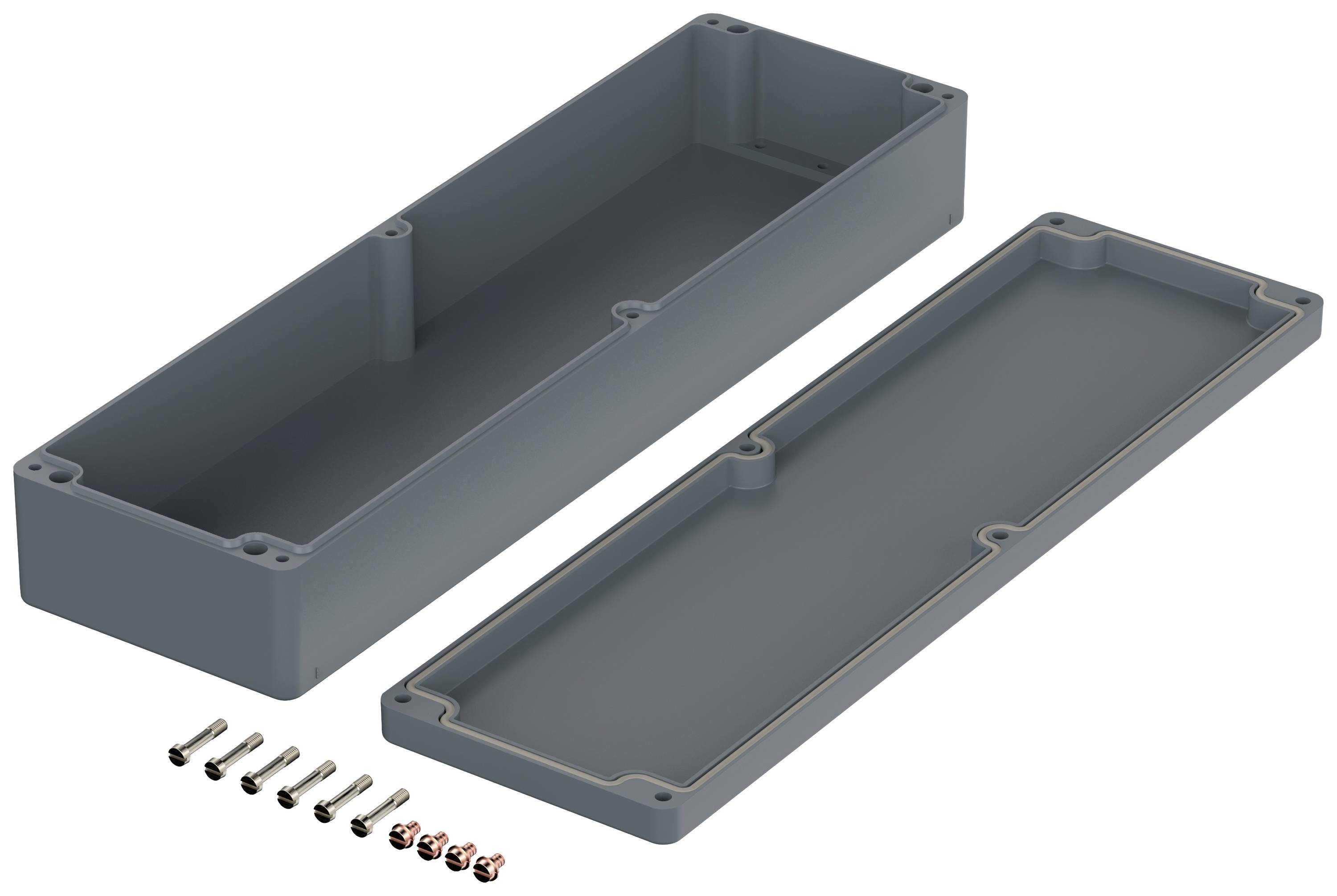Grey rectangular enclosure with removable cover and screws, suitable for electronic component assembly.
