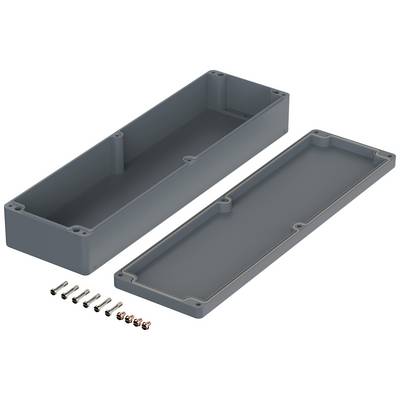 Grey rectangular enclosure with removable cover and screws, suitable for electronic component assembly.