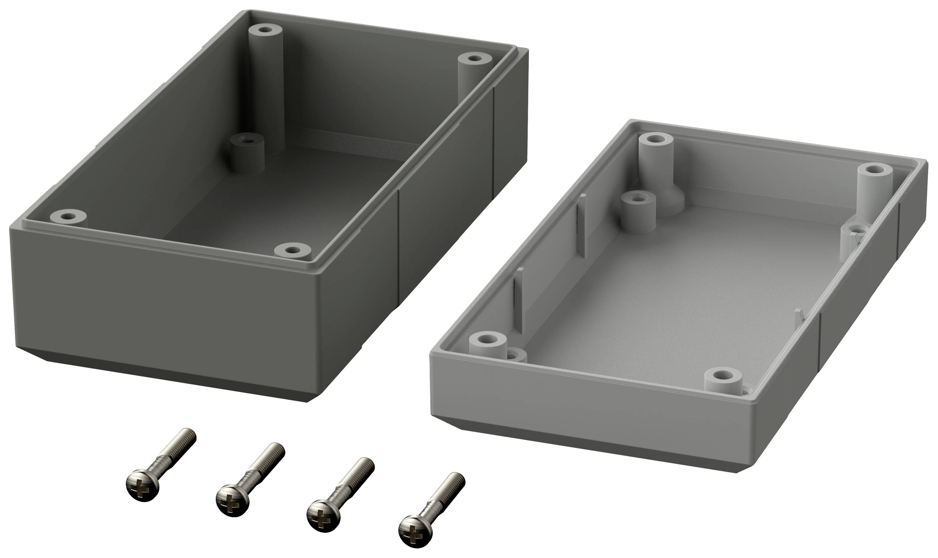 Two rectangular plastic enclosures, opened, lying side by side. Four screws at the front. Enclosures for housing electronics.