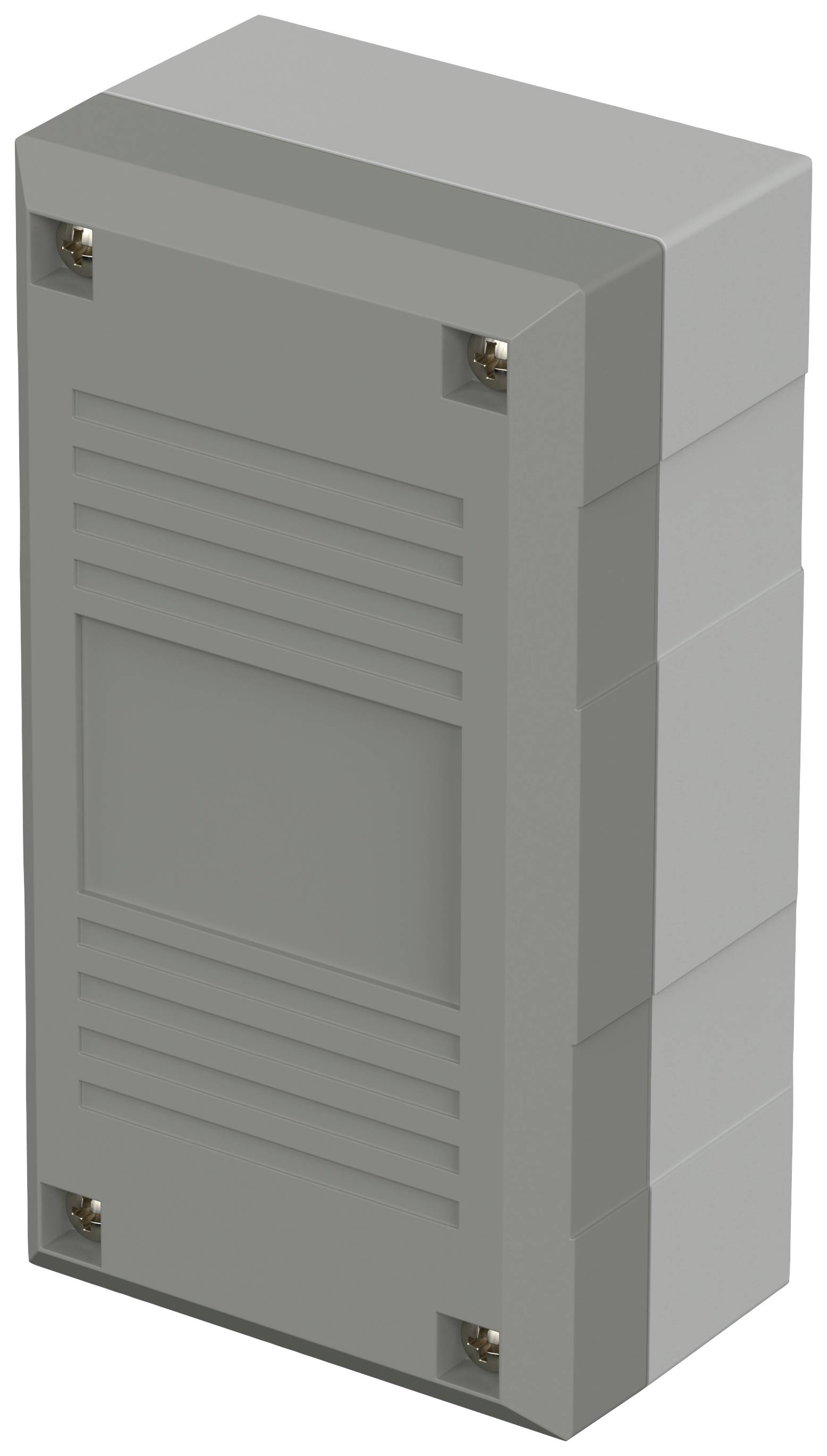 Grey, rectangular enclosure with screws at each corner. It has ribbed sides and a flat front, possibly an electrical component.