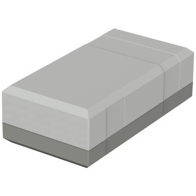 A rectangular, grey eraser with bevelled edges is lying on a flat surface.