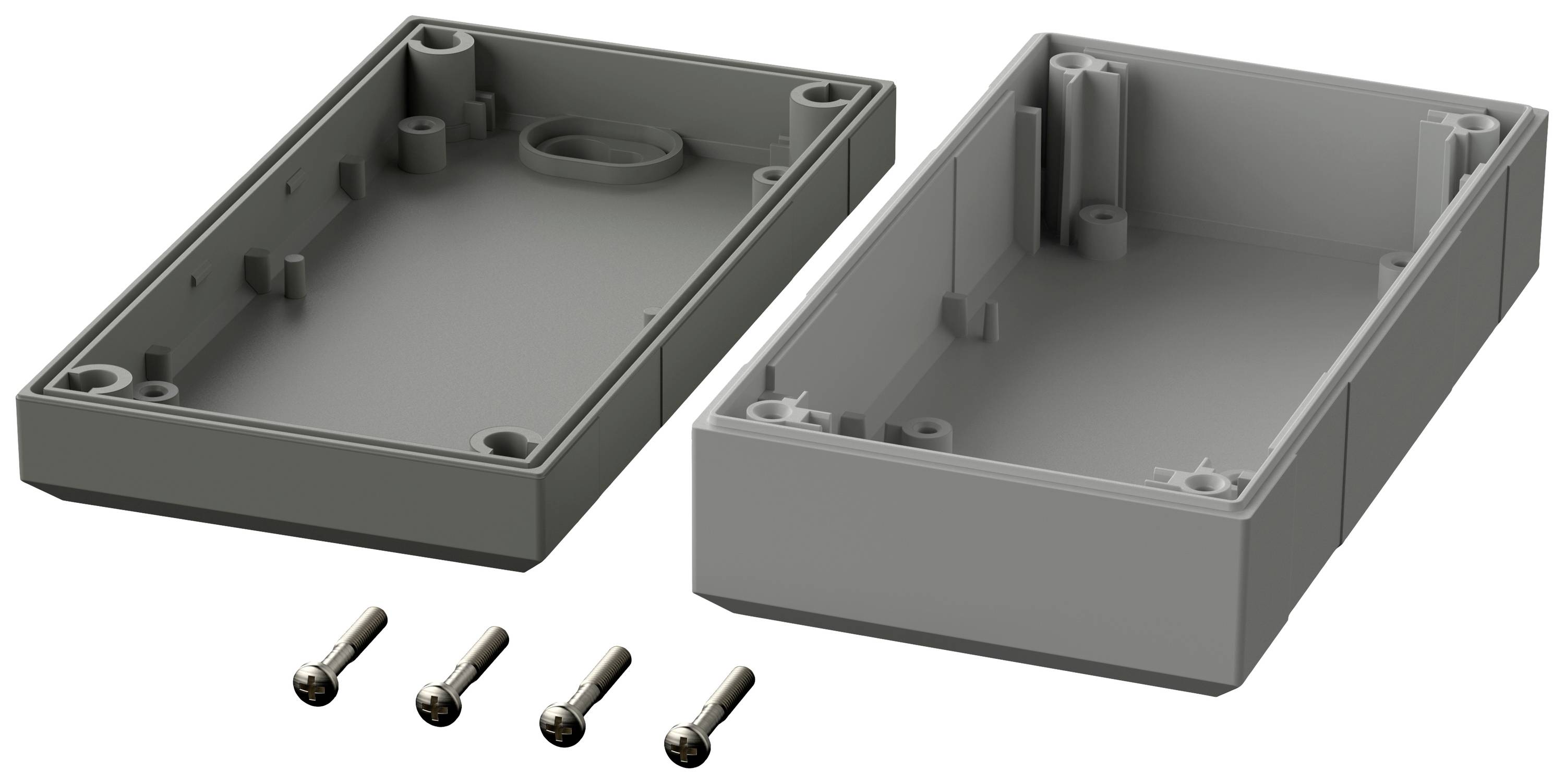 Two-piece grey plastic enclosure with four accompanying screws, suitable for electronic components.