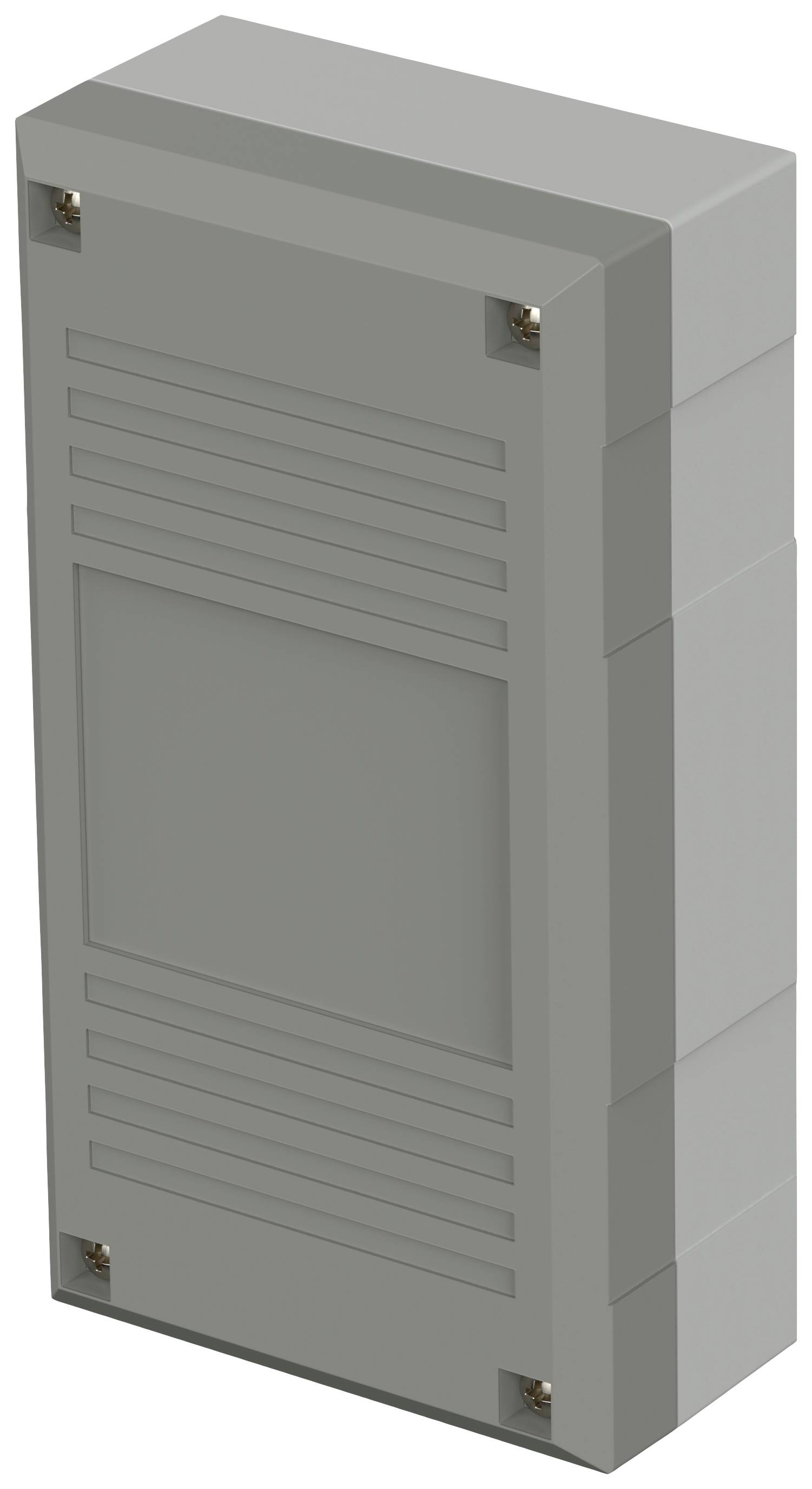 Grey-black rectangular enclosure with side grooves and screws in the corners, suitable for housing electronic components.