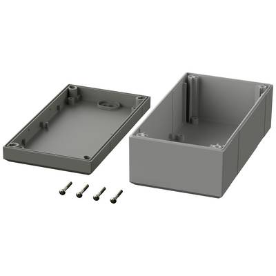 Housing made of grey plastic in two parts, with four screws beside it. Suitable for housing electronic components.