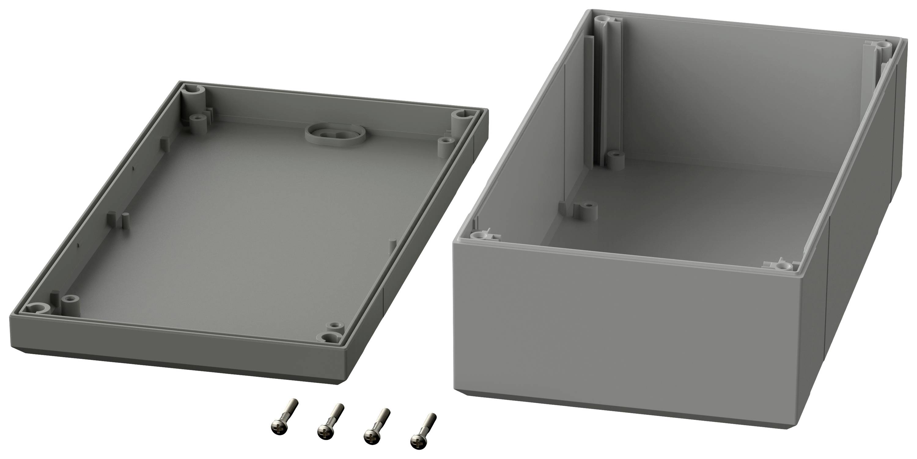 Grey-grey plastic housing with lid removed and four screws beside it. Primarily suitable for electronic components.
