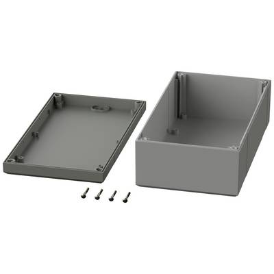 Grey-grey plastic housing with lid removed and four screws beside it. Primarily suitable for electronic components.