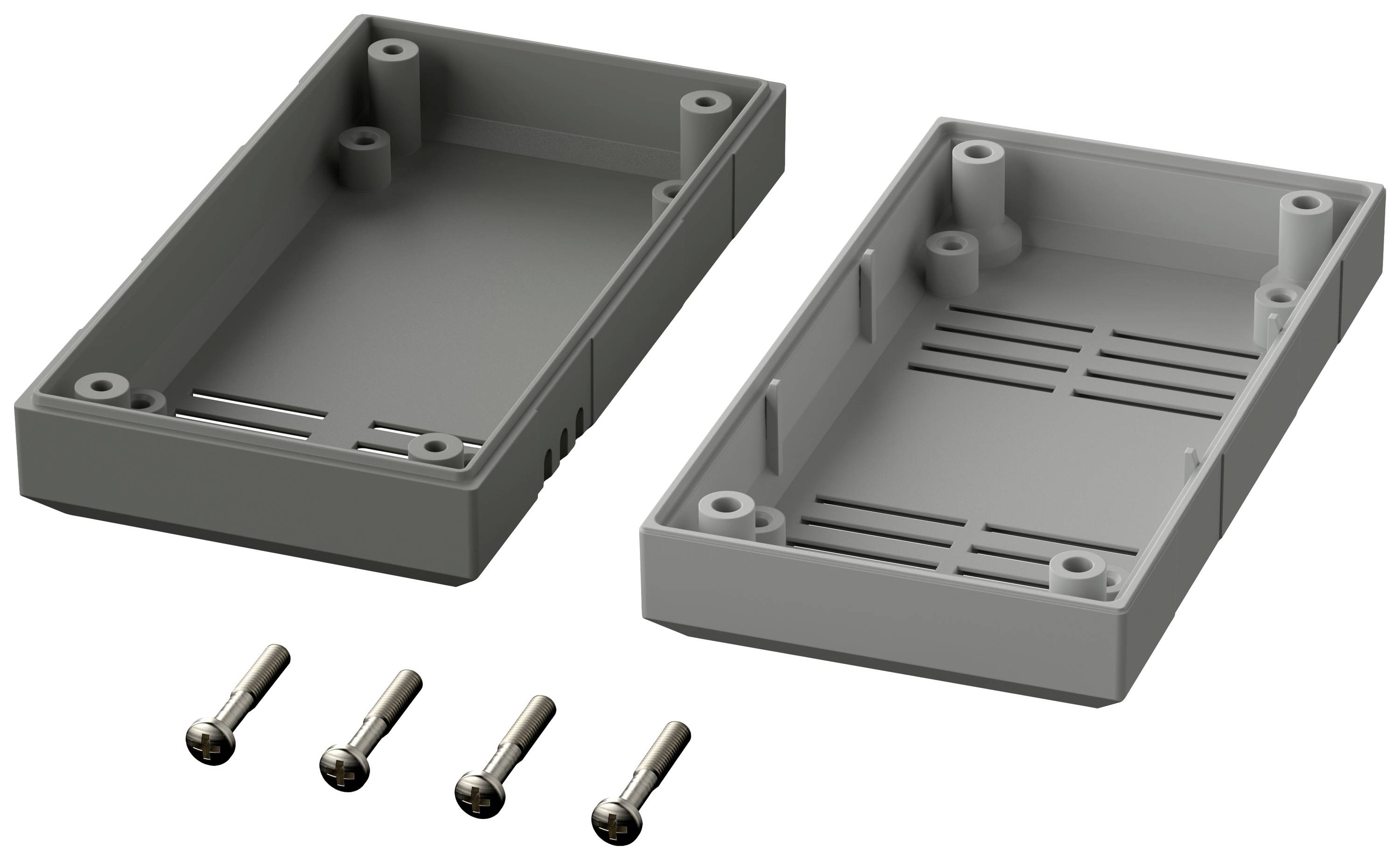 Grey plastic enclosure in two halves, shown open, with four metal screws. Suitable for electronic components or DIY projects.