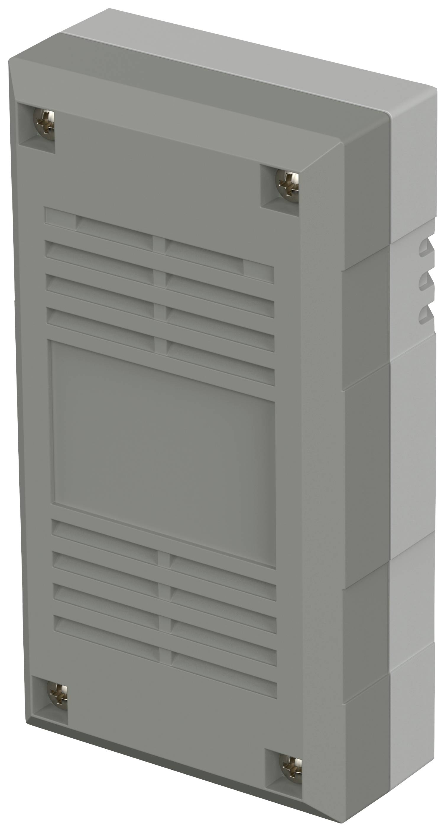 A grey rectangular plastic cover with ventilation slots and four visible screws at the corners.