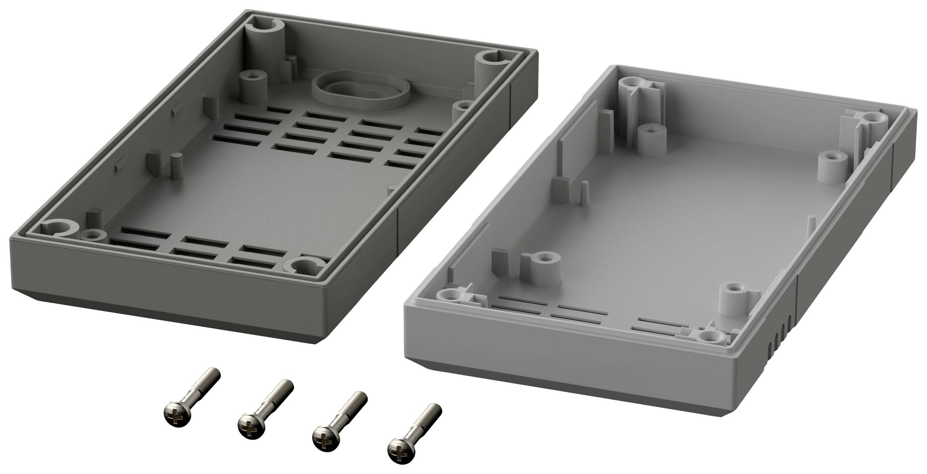 Two grey plastic components of an electronic enclosure with four screws in front, ready for assembly.