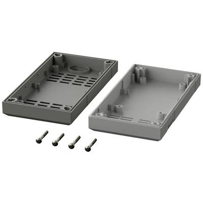 Two grey plastic components of an electronic enclosure with four screws in front, ready for assembly.